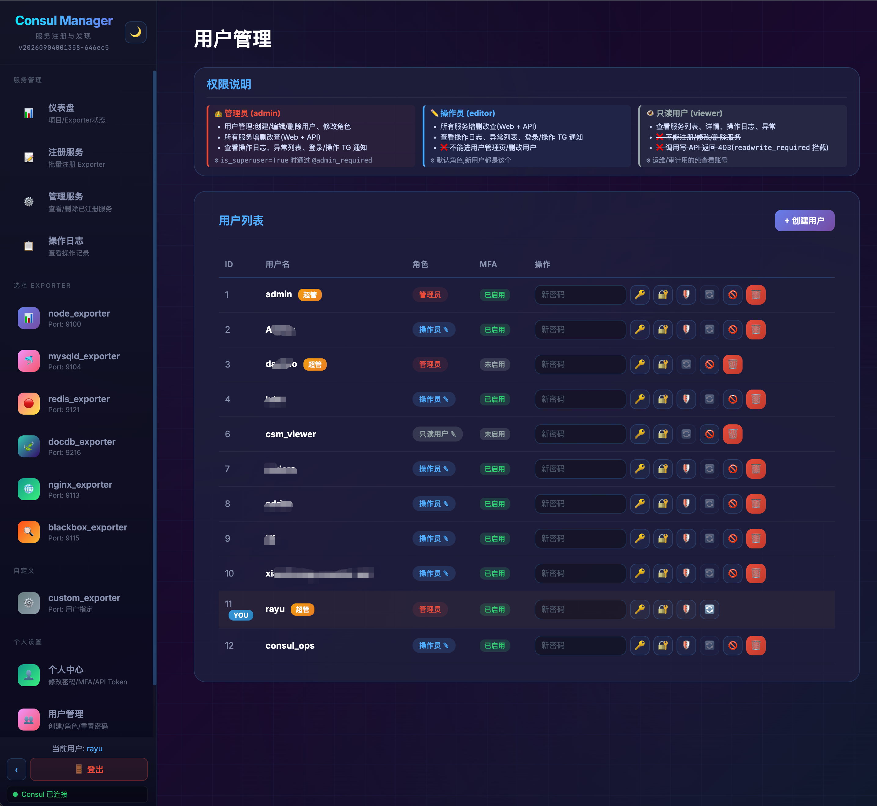 用户管理界面（账号列表 / 角色 / MFA 状态 / Token 管理）